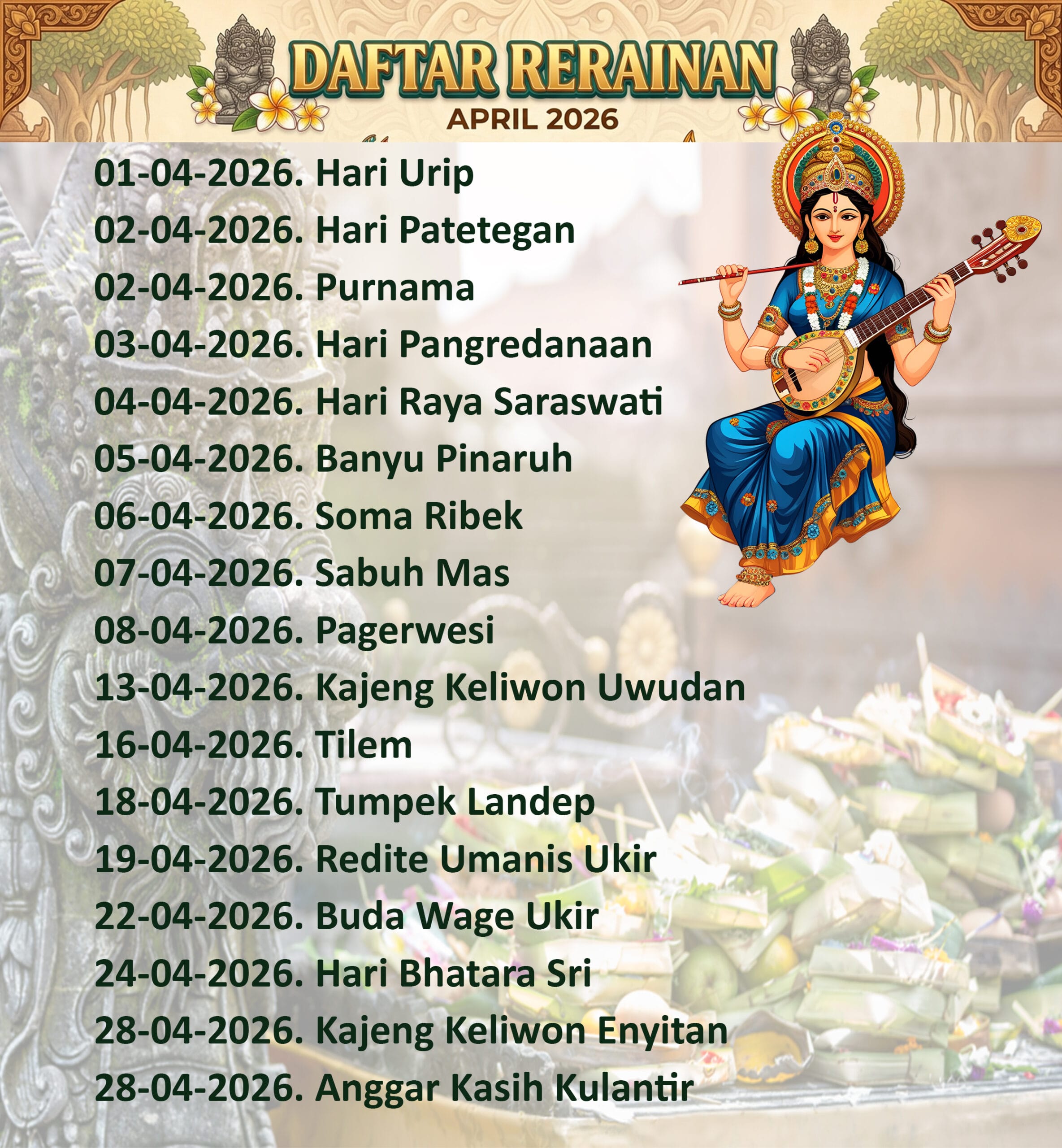 Catat Tanggalnya! April 2026 Jadi Bulan “Padat” Upacara di Bali, Dari Purnama Kedasa hingga Saraswati