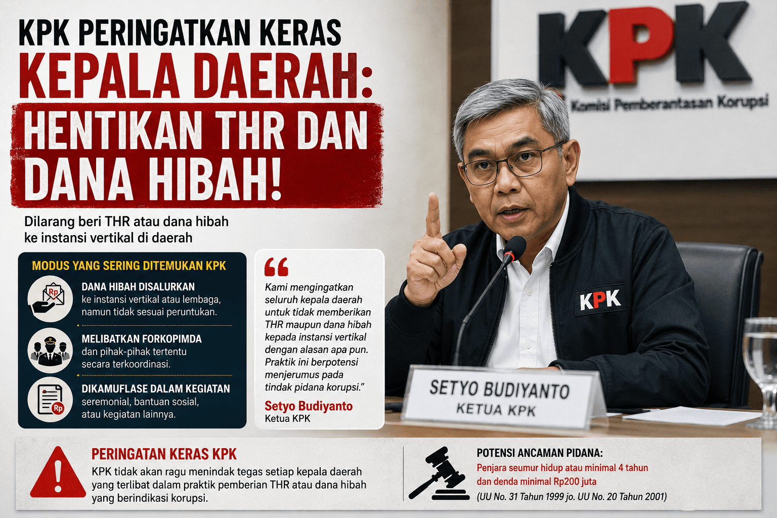 Ketua KPK : Kepala Daerah Hentikan Pemberian Dana Hibah dan THR ke Instansi Vertikal – Itu Modus Korupsi !