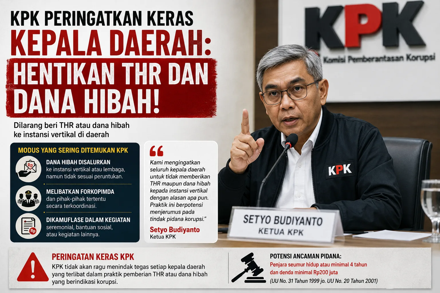 Ketua KPK : Kepala Daerah Hentikan Pemberian Dana Hibah dan THR ke Instansi Vertikal – Itu Modus Korupsi !