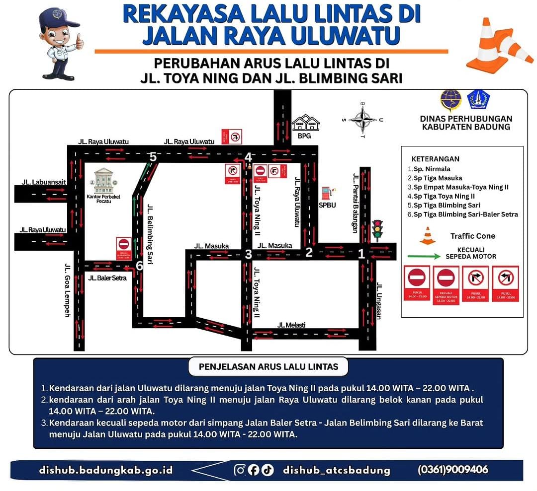 Uji Coba Rekayasa Lalu Lintas Kawasan Uluwatu Sebulan Dimulai Hari Ini
