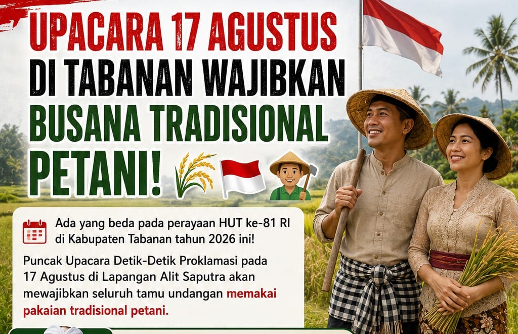 Angkat Identitas Agraris di Upacara Proklamasi 17 Agustus 2026, Pemkab Tabanan Wajibkan Tamu Undangan Kenakan Busana Adat Petani
