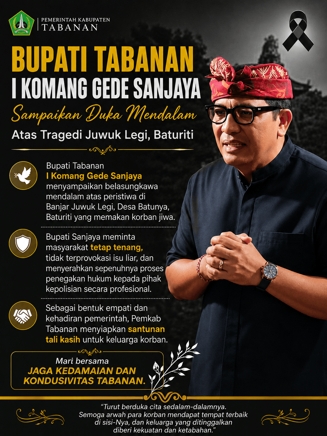 Peristiwa di Juwuk Legi Baturiti Memakan Korban Jiwa, Bupati Sanjaya Sampaikan Duka Mendalam dan Siapkan Santunan