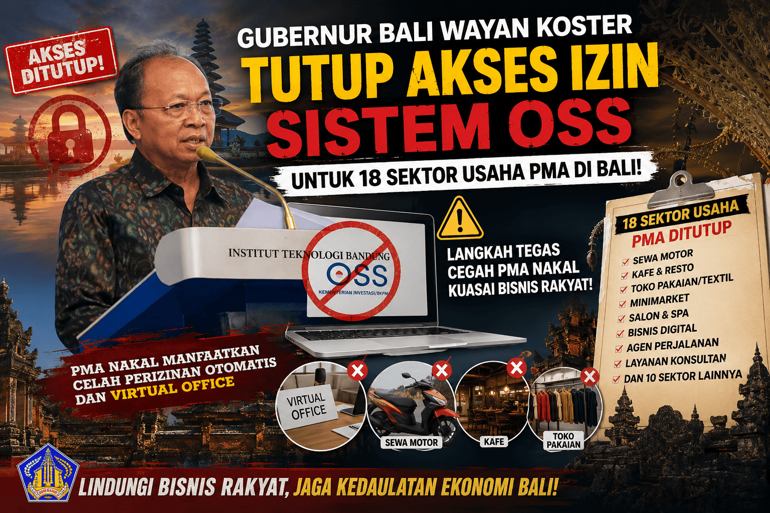 18 Sektor Usaha Investor Asing di Bali Ditutup, Kepemilikan Hotel hingga Sewakan Motor