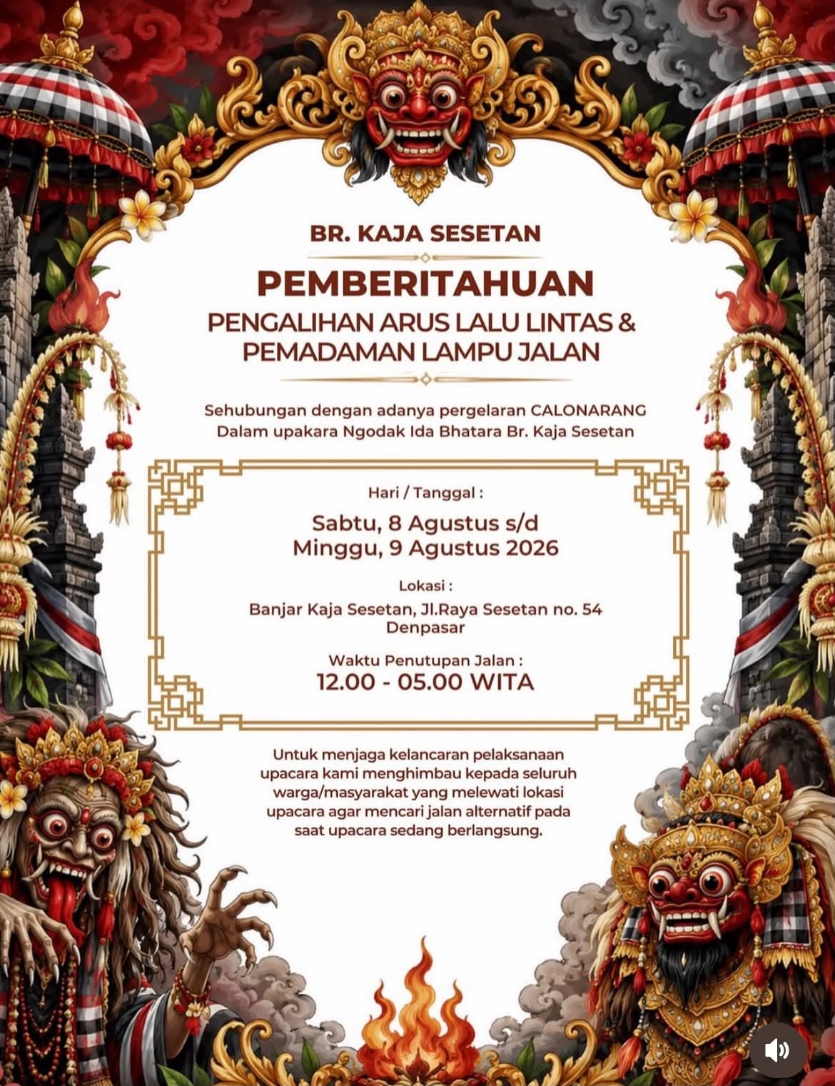 Ada Pagelaran Calonarang di Banjar Kaja, Jalan Raya Sesetan Ditutup 8-9 Agustus 2026