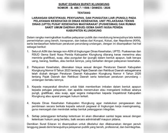 ASN dan non-ASN di Klungkung Dilarang Gratifikasi – suap, Bupati Keluarkan Edaran