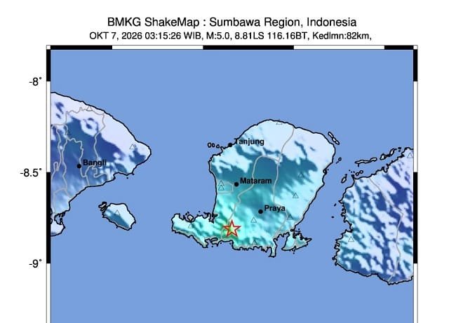 Gempa M 5,0 Guncang Lombok Barat 7 Oktober 2026, BMKG: Tidak Berpotensi Tsunami, Terasa Hingga Bali